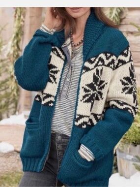 Sundance Teal Zip-Up Knit Sweater with Black & Cream Accents